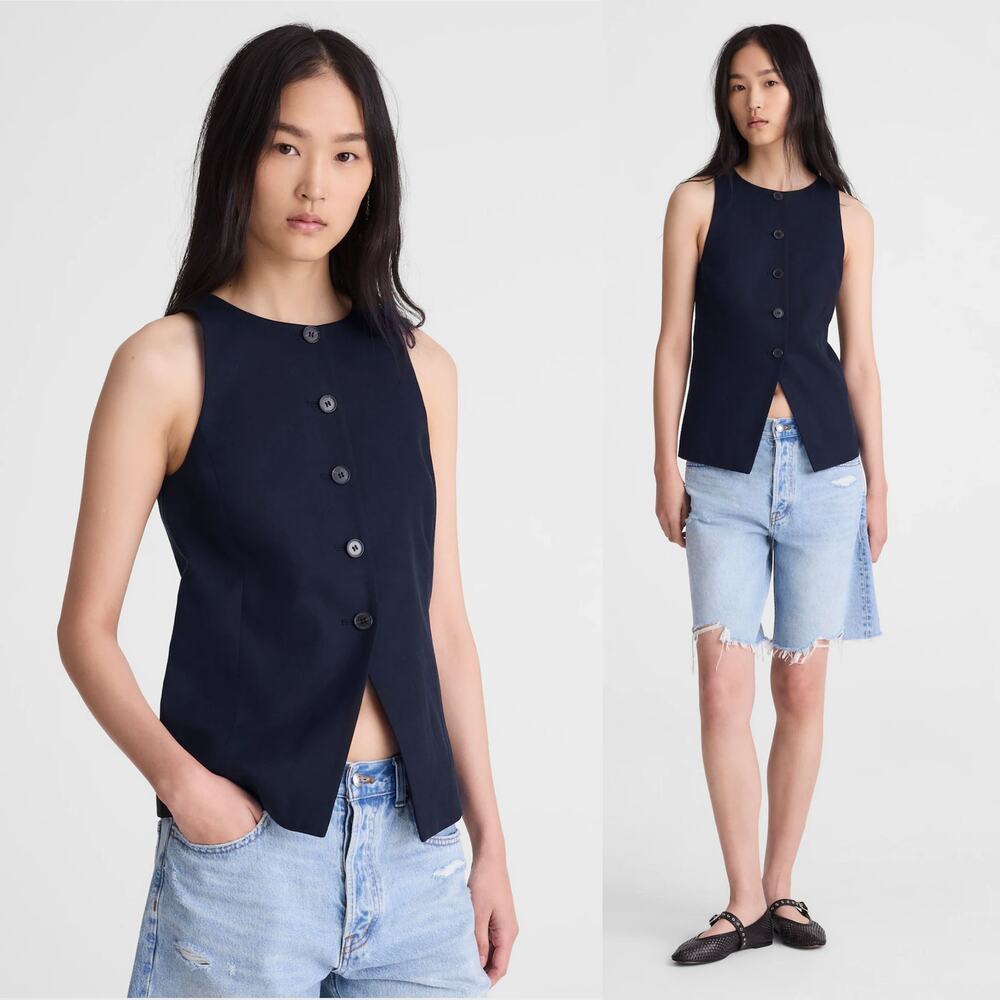 Madewell Crewneck Cutaway Vest Navy Tailored Button Front Size 12 NWOT